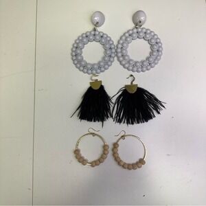 3 Pair Earrings. Black Feather, Wood Beaded Hoop, Retro White Round Dangle